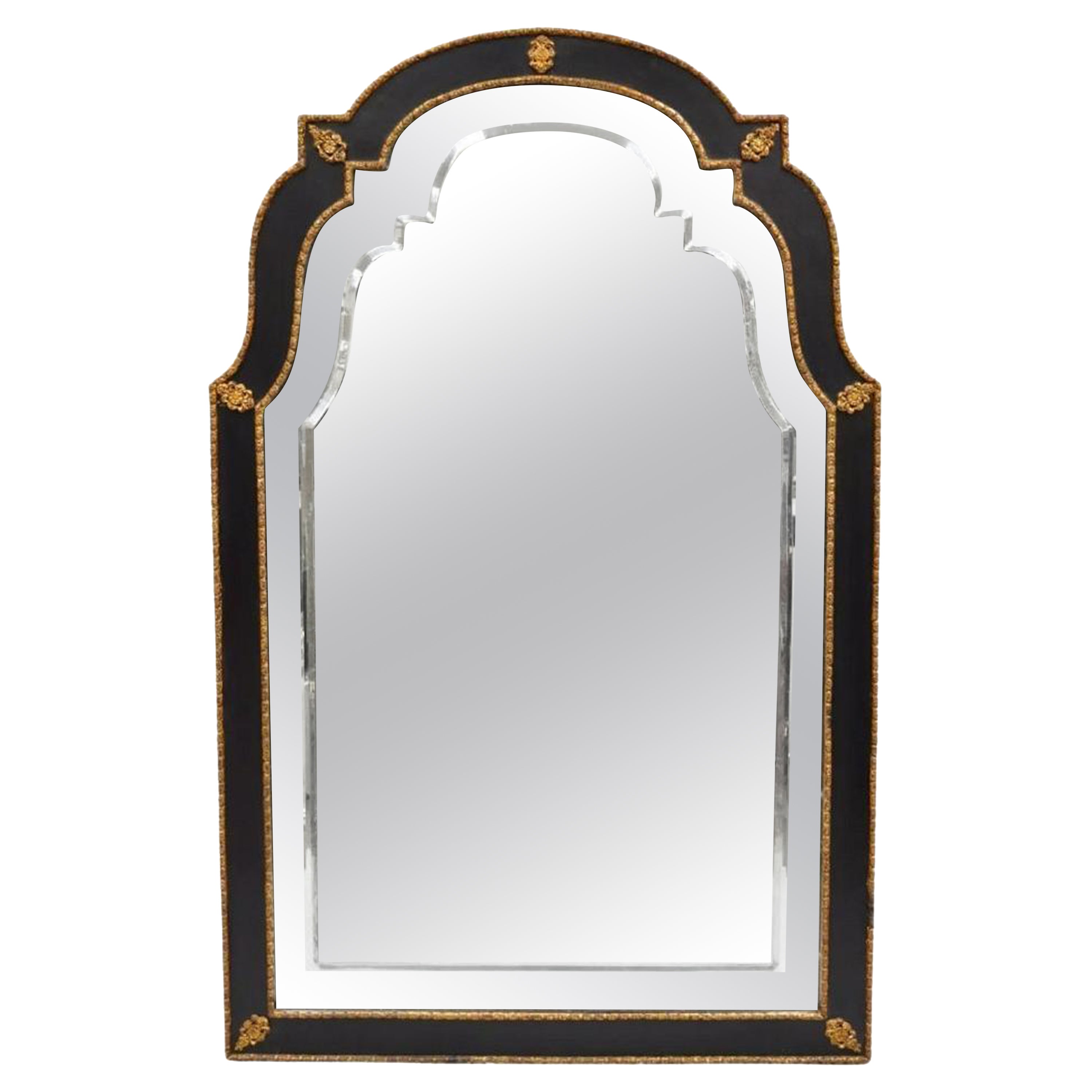 Decorative Venetian Chinoiserie Style Black and Gold Large Trumeau Wall Mirror en vente