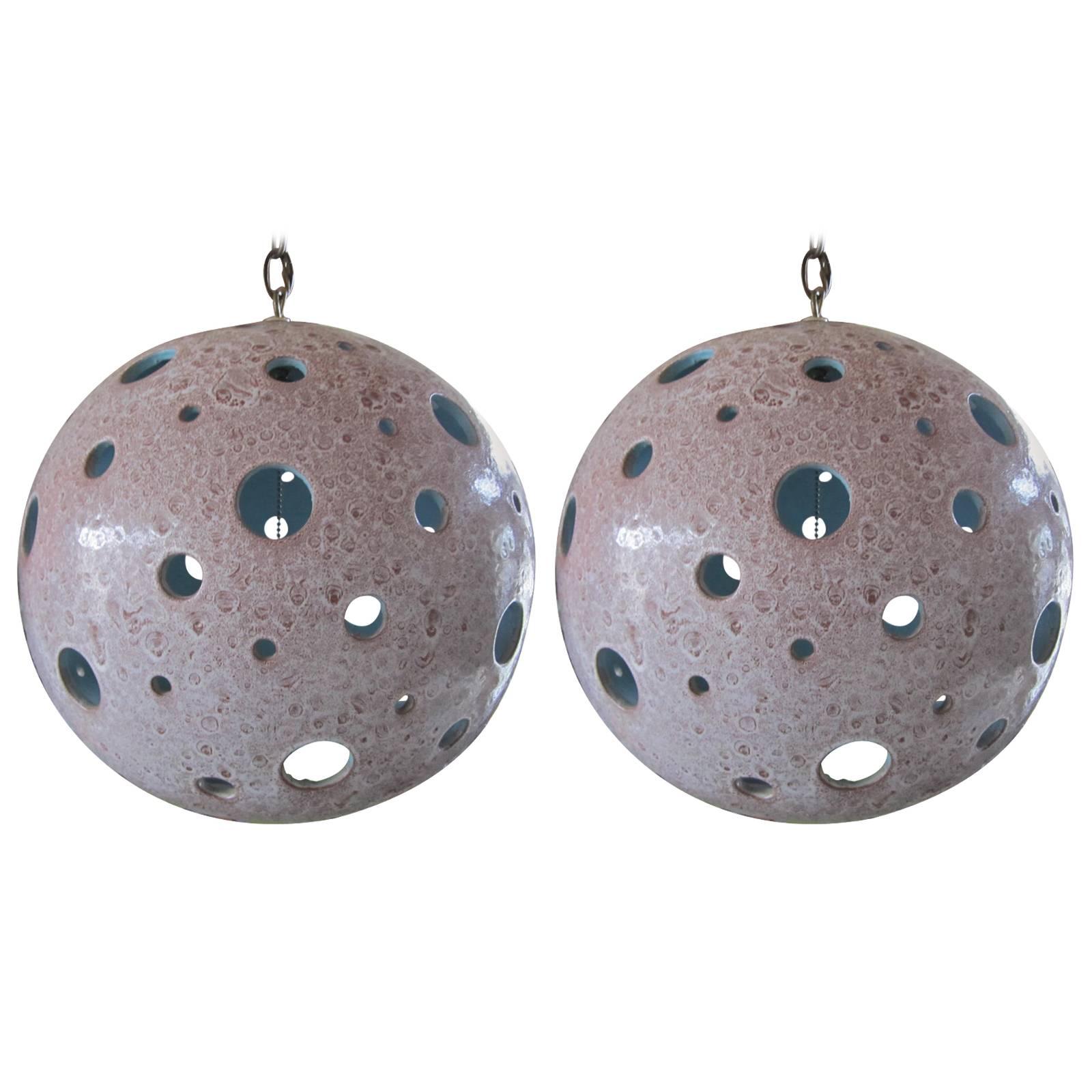 Pair of Large-Scale Ceramic Ball Globe Pendant Chandeliers For Sale