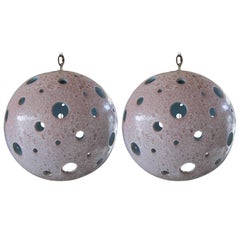 Pair of Large-Scale Ceramic Ball Globe Pendant Chandeliers