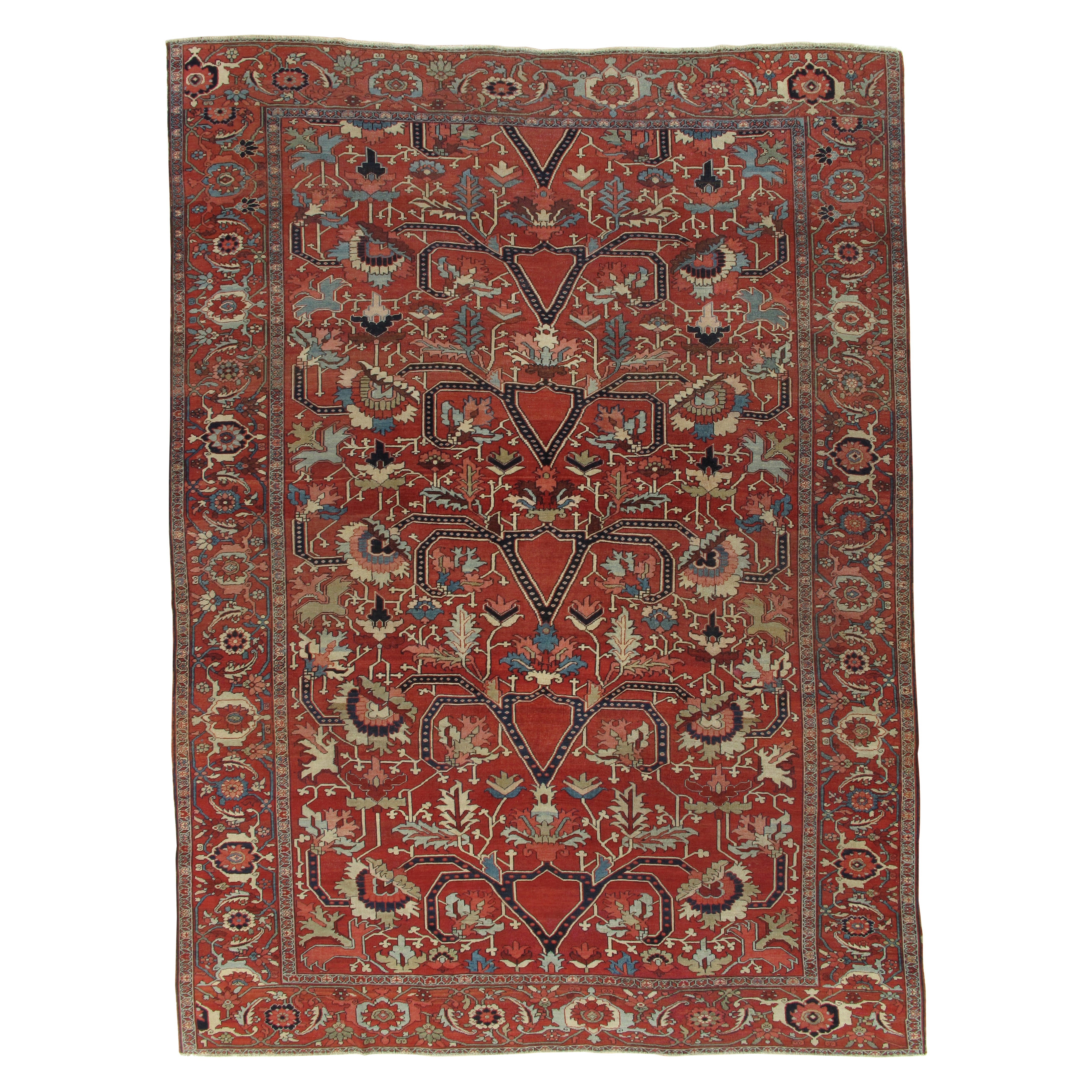 Antiker persischer Serapi-Teppich, handgefertigter orientalischer Teppich, Rostrot, Hellblau, Elfenbein