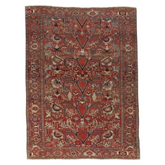Antique Persian Serapi Carpet Handmade Oriental Rug Rusty Red, Light Blue, Ivory