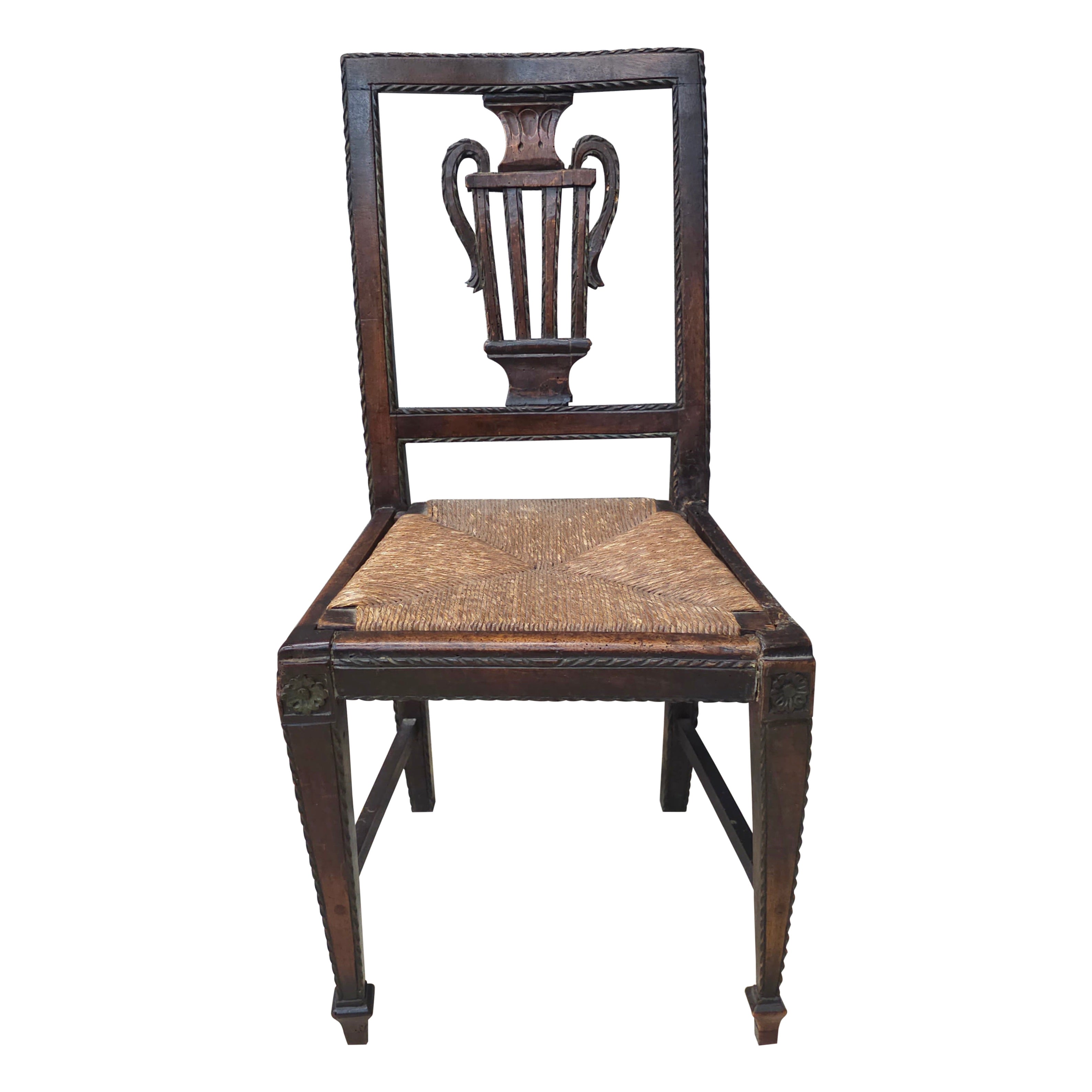 18th Century Hand-Crafted Wanut and Rush Side Chair