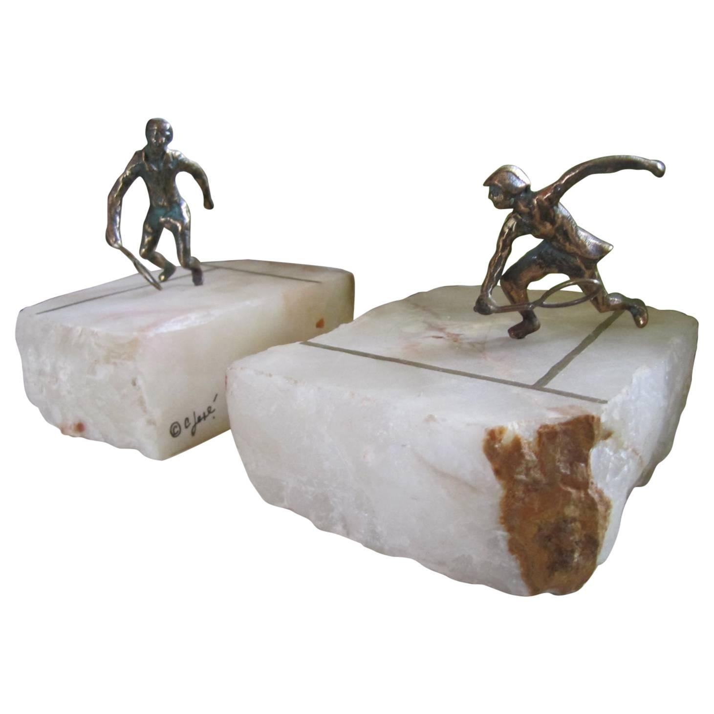 Whimsical Pair of Curtis Jere Brass Onyx Tennis Player Bookends, Mid-Century For Sale