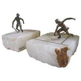 Whimsical Pair of Curtis Jere Brass Onyx Tennis Player Bookends, Mid-Century