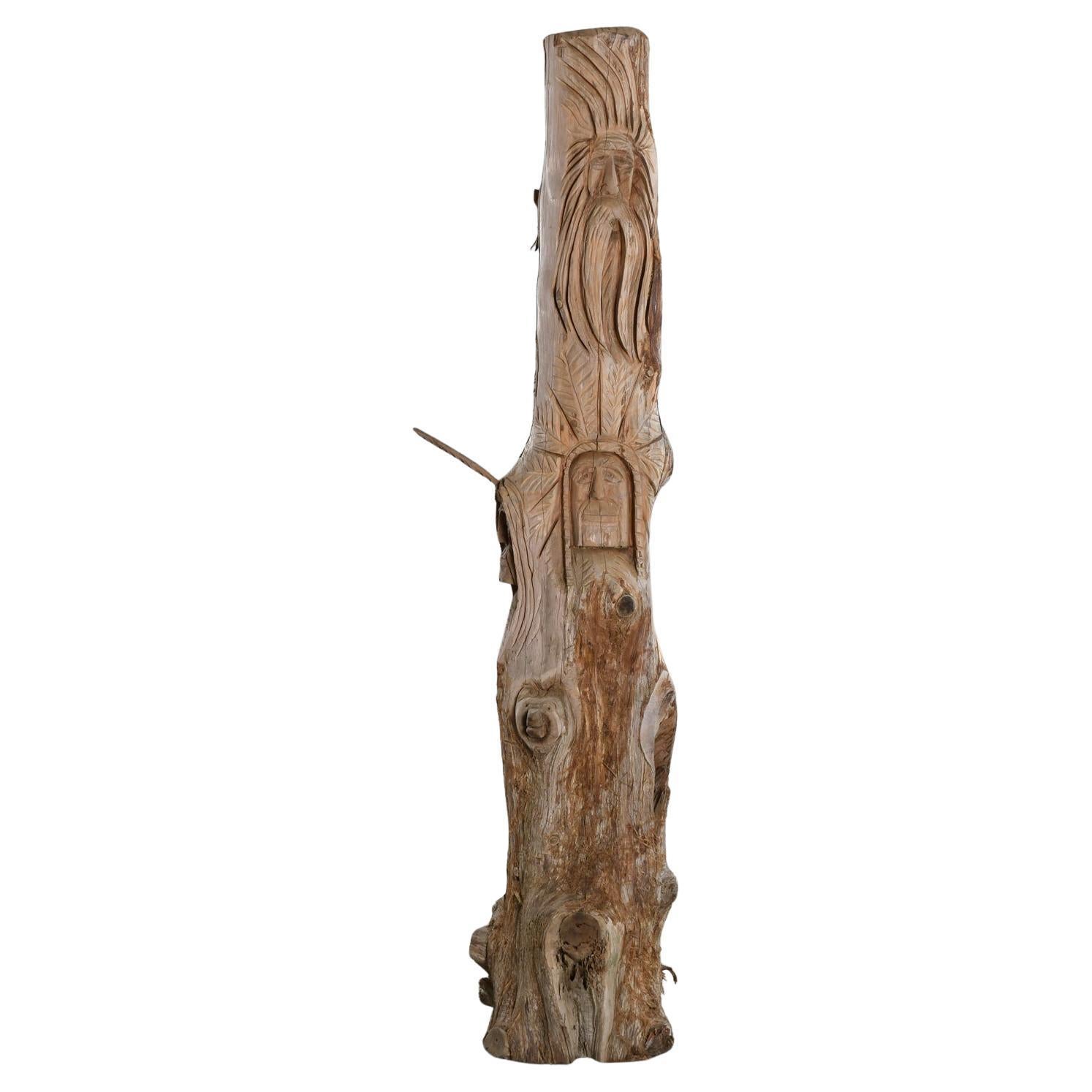 105" Tall Hand Carved Figural Wood Spirit Animals Tree Trunk Totem Sculpture For Sale