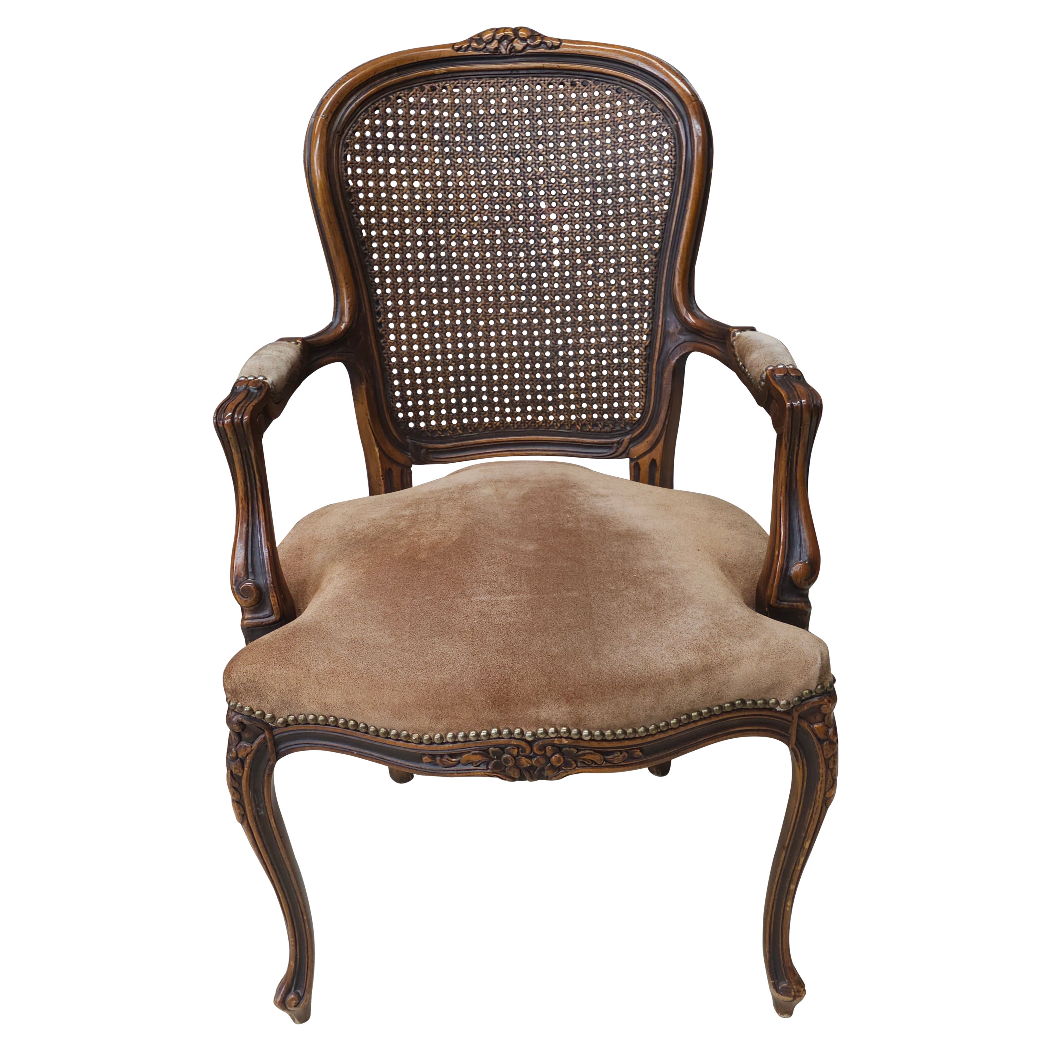 Chateau d'Ax Louis XV Style Walnut Cane Back and Suede Leather Fauteuil