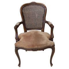 Chateau d'Ax Louis XV Style Walnut Cane Back and Suede Leather Fauteuil