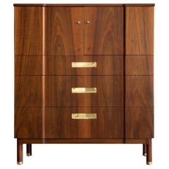 Vintage Mid Century John Widdicomb Highboy Dresser en noyer et laiton