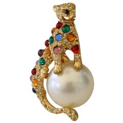 Vintage Panther Atop Cabochon Pearl Brooch After Cartier Model for Duchess of Windsor