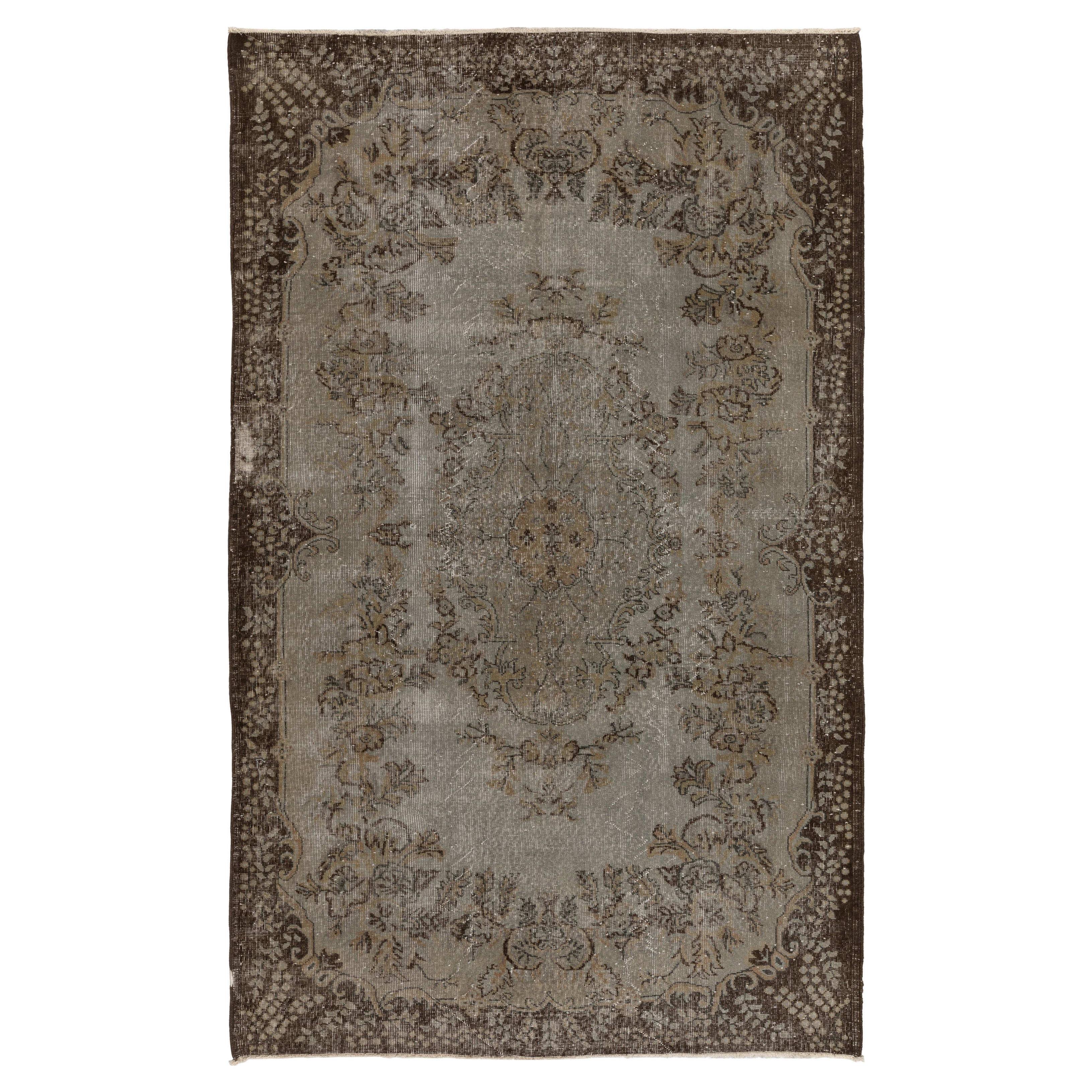 5.8x9.3 Ft Gray Color Overdyed Handmade Turkish Wool Area Rug, Distressed Look