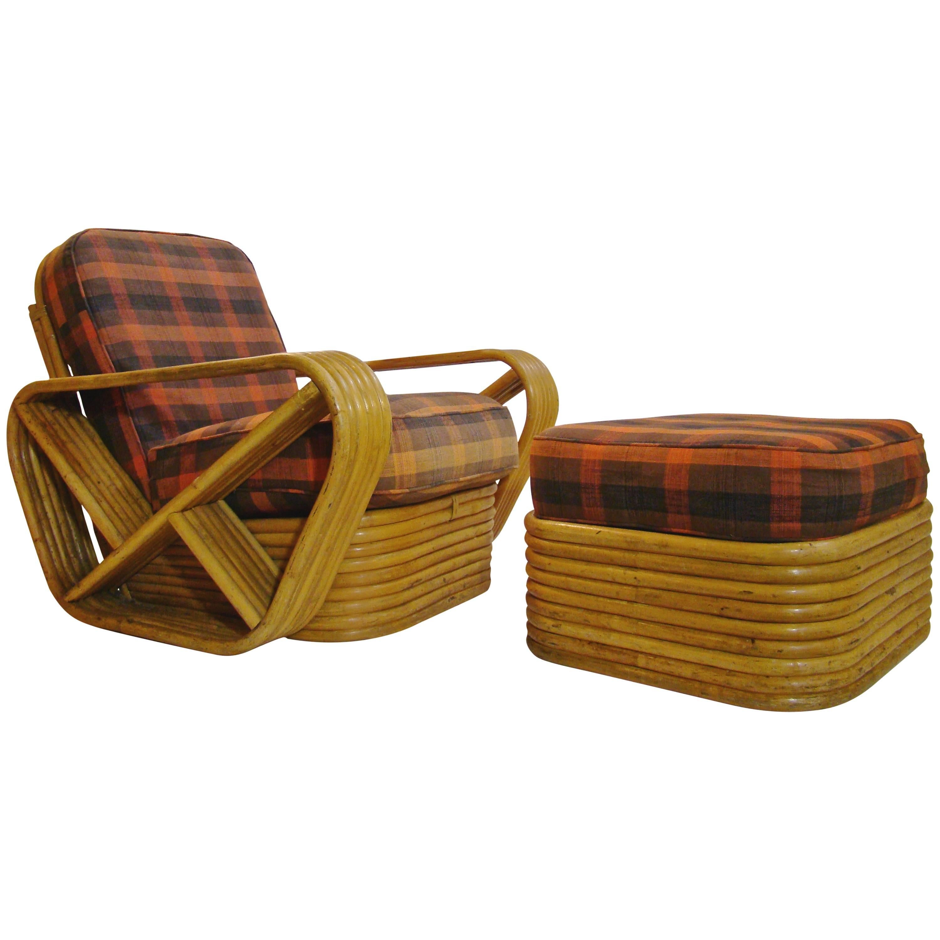 Paul Frankl Style Rattan Club Chair and Ottoman SATURDAY SALE For Sale