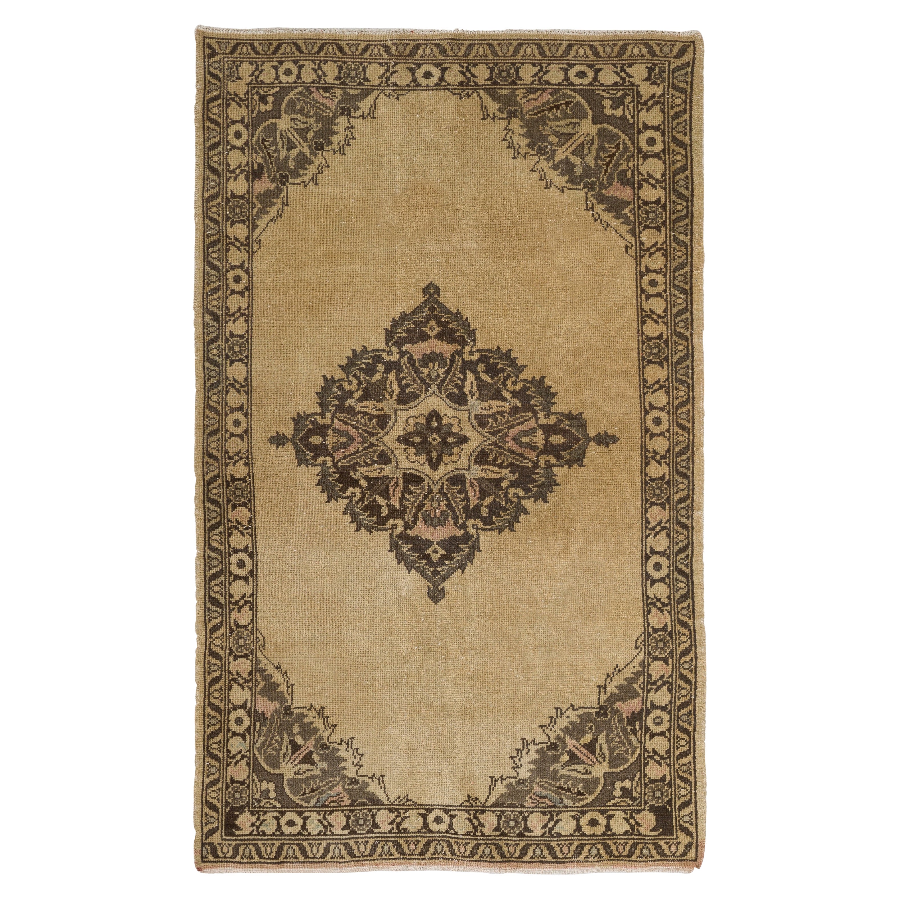 3.6x6 Ft Vintage Hand-Knotted Turkish Oushak Rug in Beige Color, 100% Wool