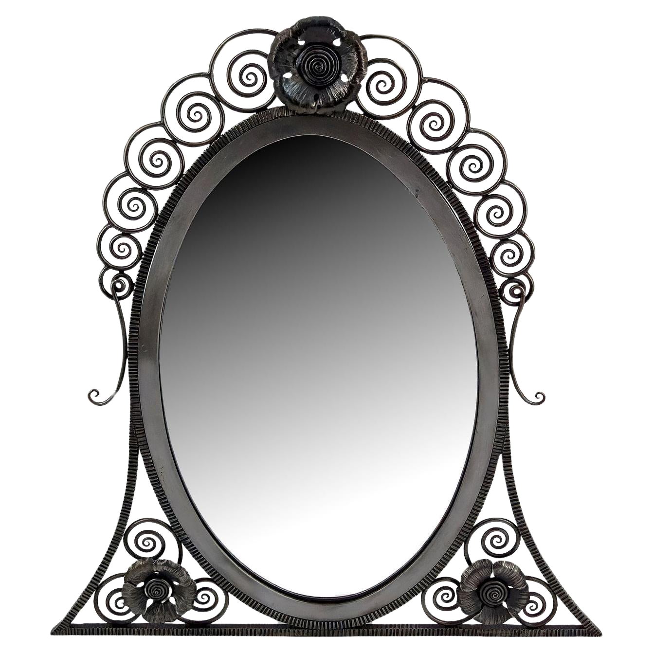 Wrought Iron Mirror, E.Brandt Style, Art Deco, Floral Theme, France, Circa 1920