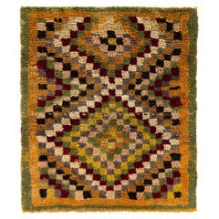 4x4.2 Ft One of a Kind Vintage Handmade Turkish "Tulu" Rug with Checkered Design