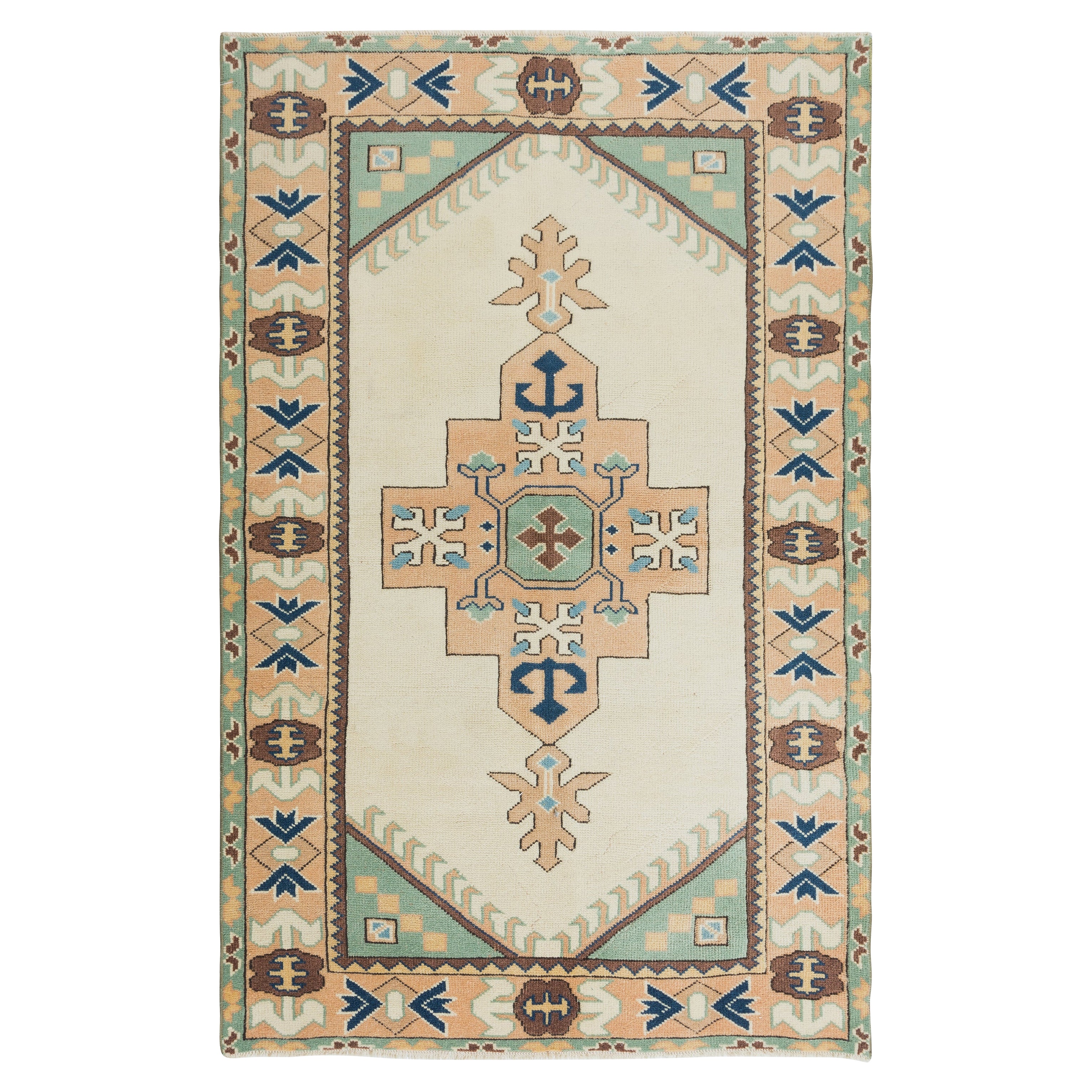 4x6.2 Ft Vintage Geometric Design Rug in Beige, Handmade in Turkey. 100% Wool