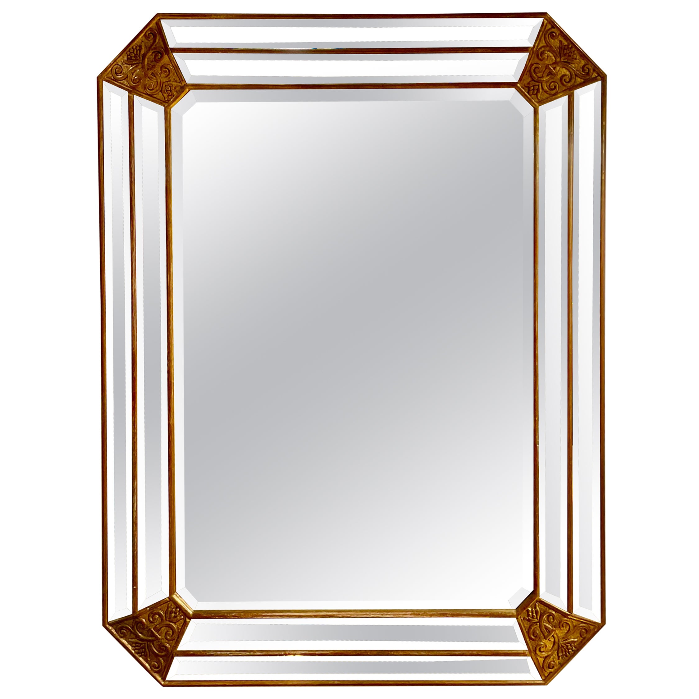 Grand miroir hexagonal en bois doré " à Parclose " avec détails orientaux, France 70