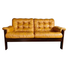 John-Bertil Häggström Swed-Form Yellow Mustard Tan Leather Two Seater Sofa