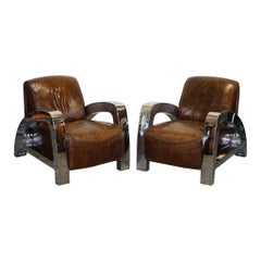 STUNNING PAIR OF FRENCH ART DECO CHROME AVIATOR HERITAGE BROWN LEATHER ARMCHAiRS