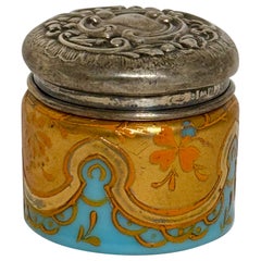 Antique English Blue Opaline and Silver Jewelry Vanity Pill Box, Hand Painted