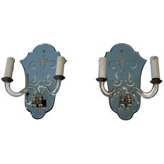 Pair of Murano wall lights made of engraved mirror, crystal & silvered metal