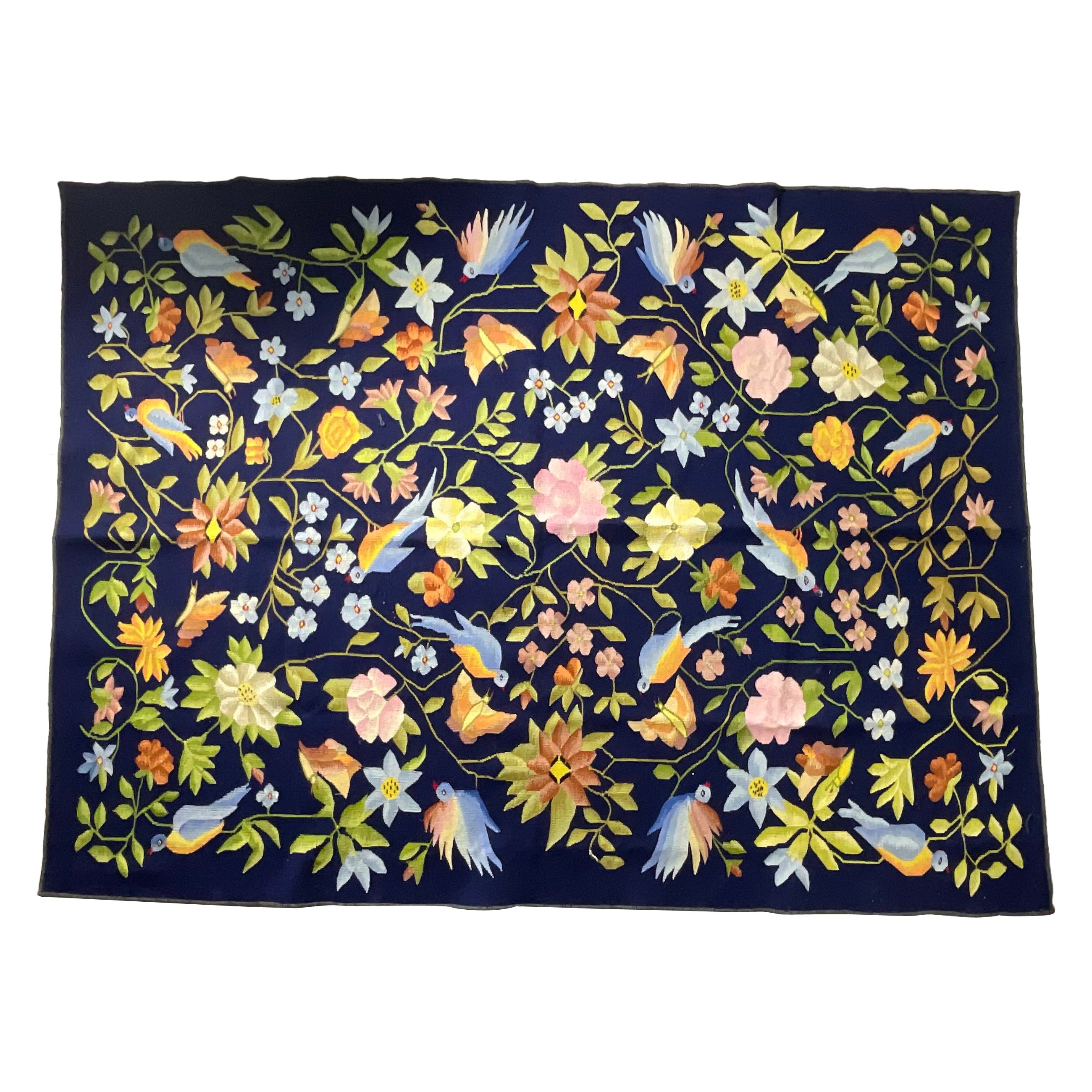 Vintage Embroidered Tapestry/Rug - A Stunning Floral and Bird Design