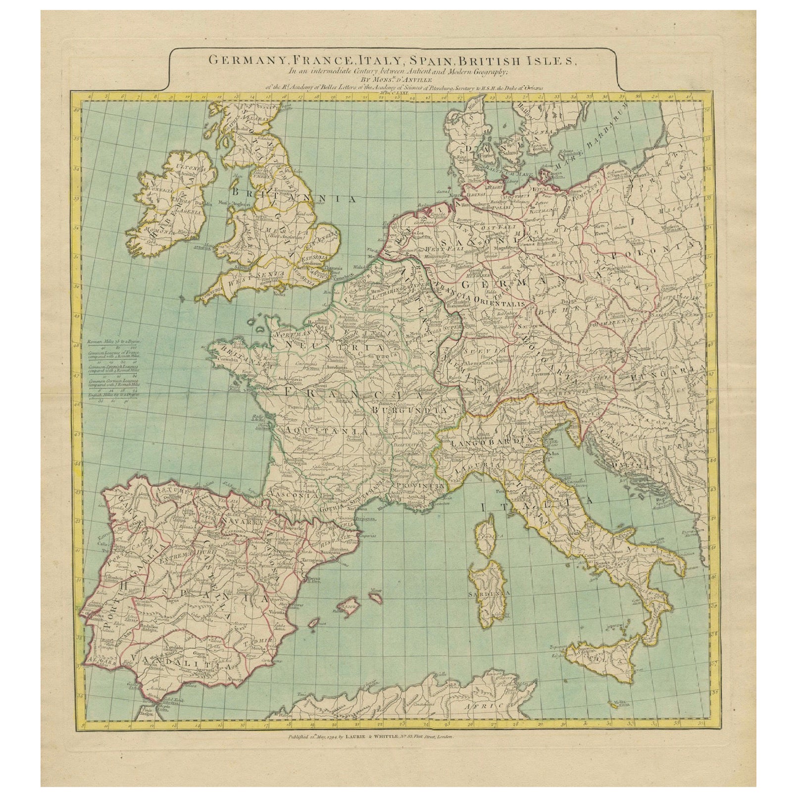 Karte von Europa mit Highlight der alten und modernen geografischen Einteilungen (1794) im Angebot