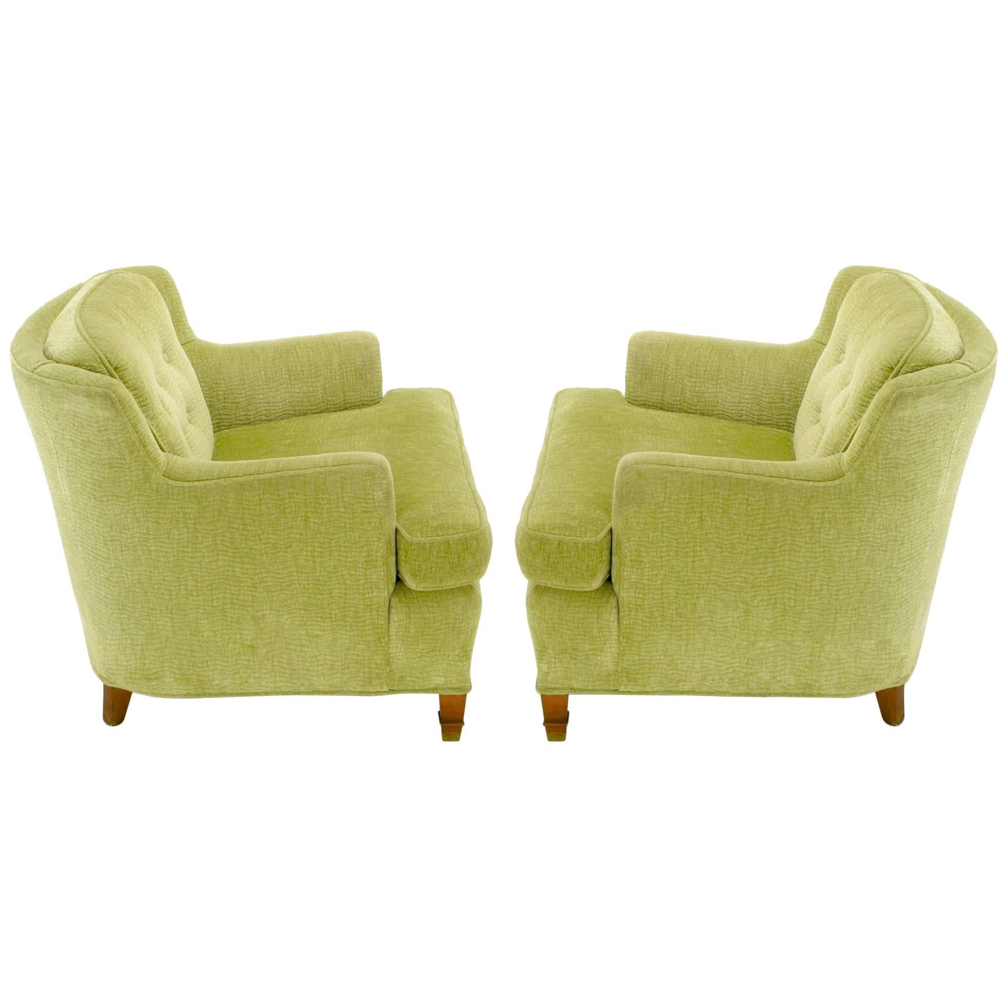 Pair of Pistachio Green Chenille Button-Tufted Low Barrel Back Wing Chairs