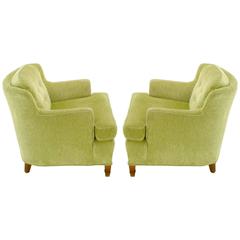 Pair of Pistachio Green Chenille Button-Tufted Low Barrel Back Wing Chairs 12