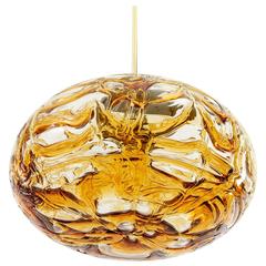 Doria Pendant Light, Textured Amber Glass Globe and Brass, 1970