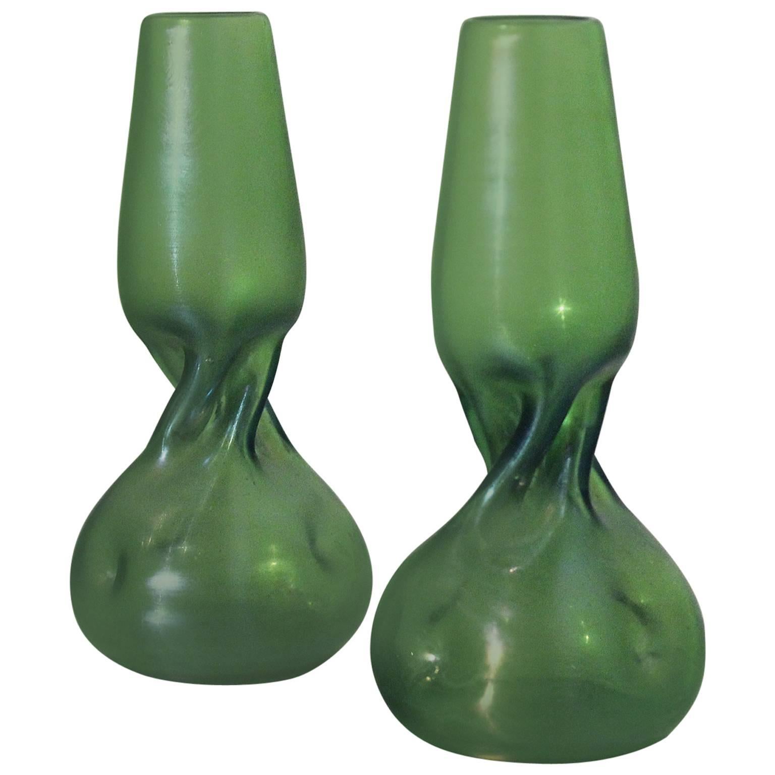 Green Bohemian Glass Vases in Style of Loetz For Sale