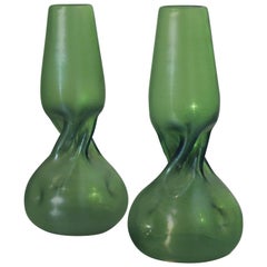 Antique Green Bohemian Glass Vases in Style of Loetz