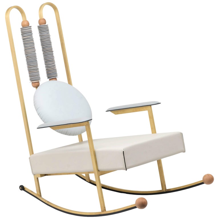 Rulla Leather and Brass Rocking Chair by Mario Milana Handcrafted in ...