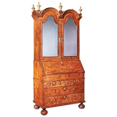 18th Century Queen Anne Burr Walnut Double Dome Bureau Bookcase