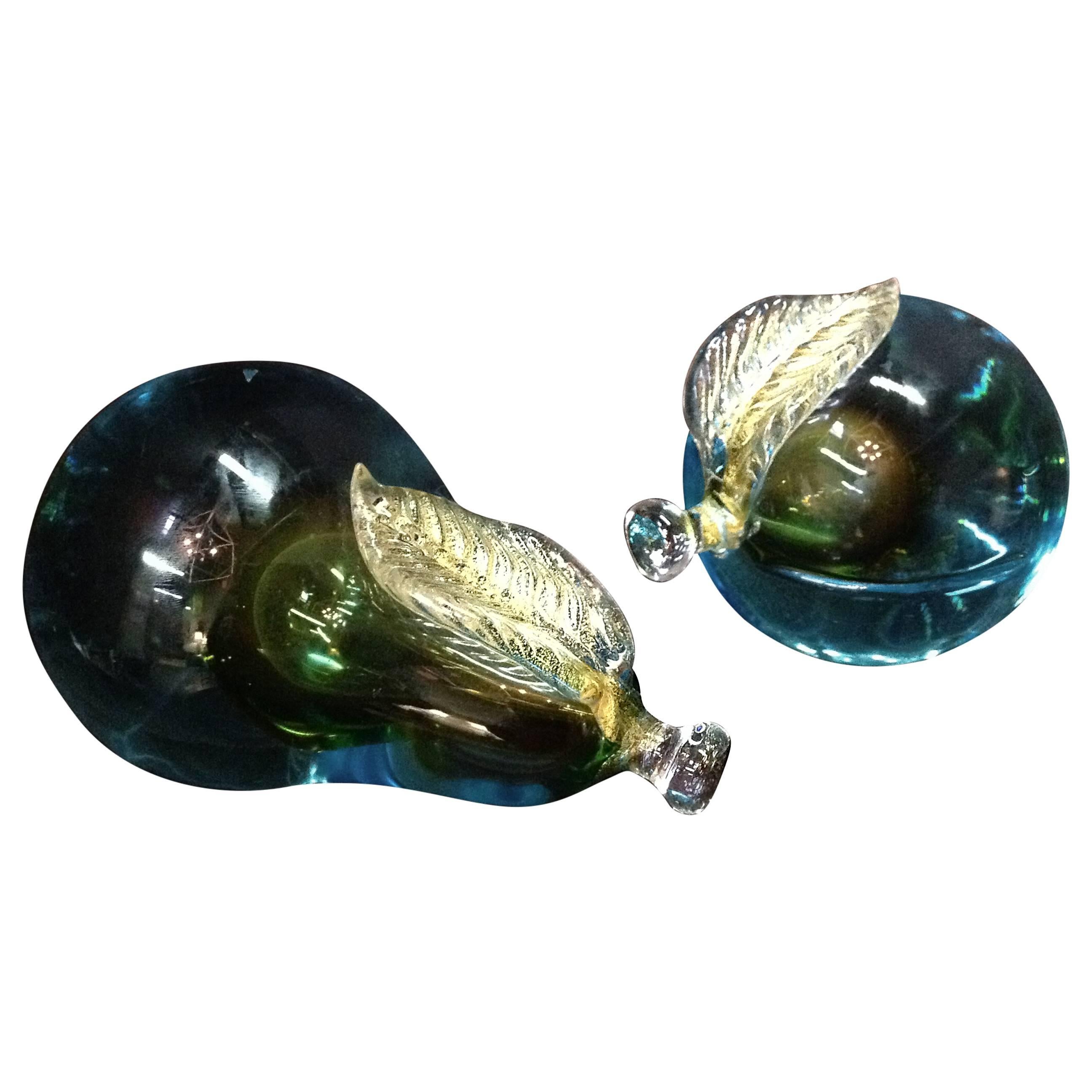 Murano Glass Aqua Blue Apple and Pear Bookends For Sale