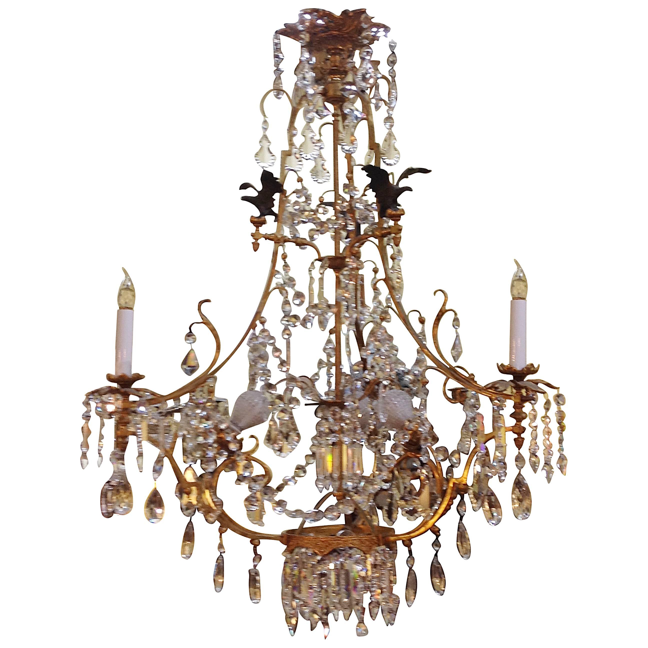 French Empire Revival Crystal Chandelier with Dore Bronze and Metal Eagles For Sale