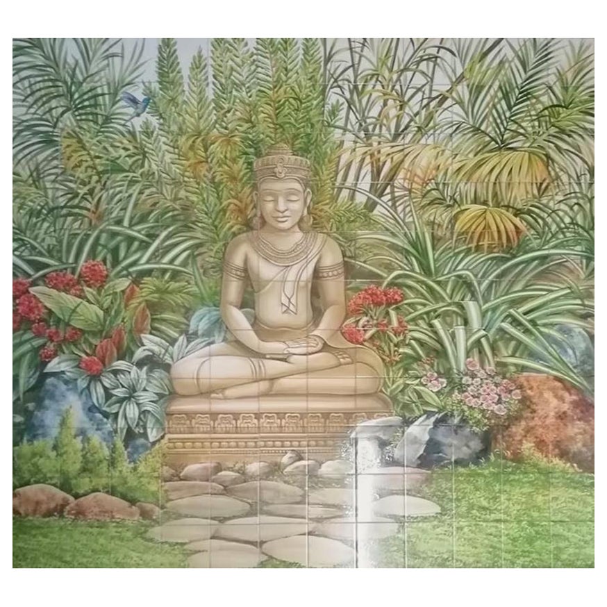 Large Outdoor Azulejos Tile Mural "Buddha" Hand Painted & Signed by Artist