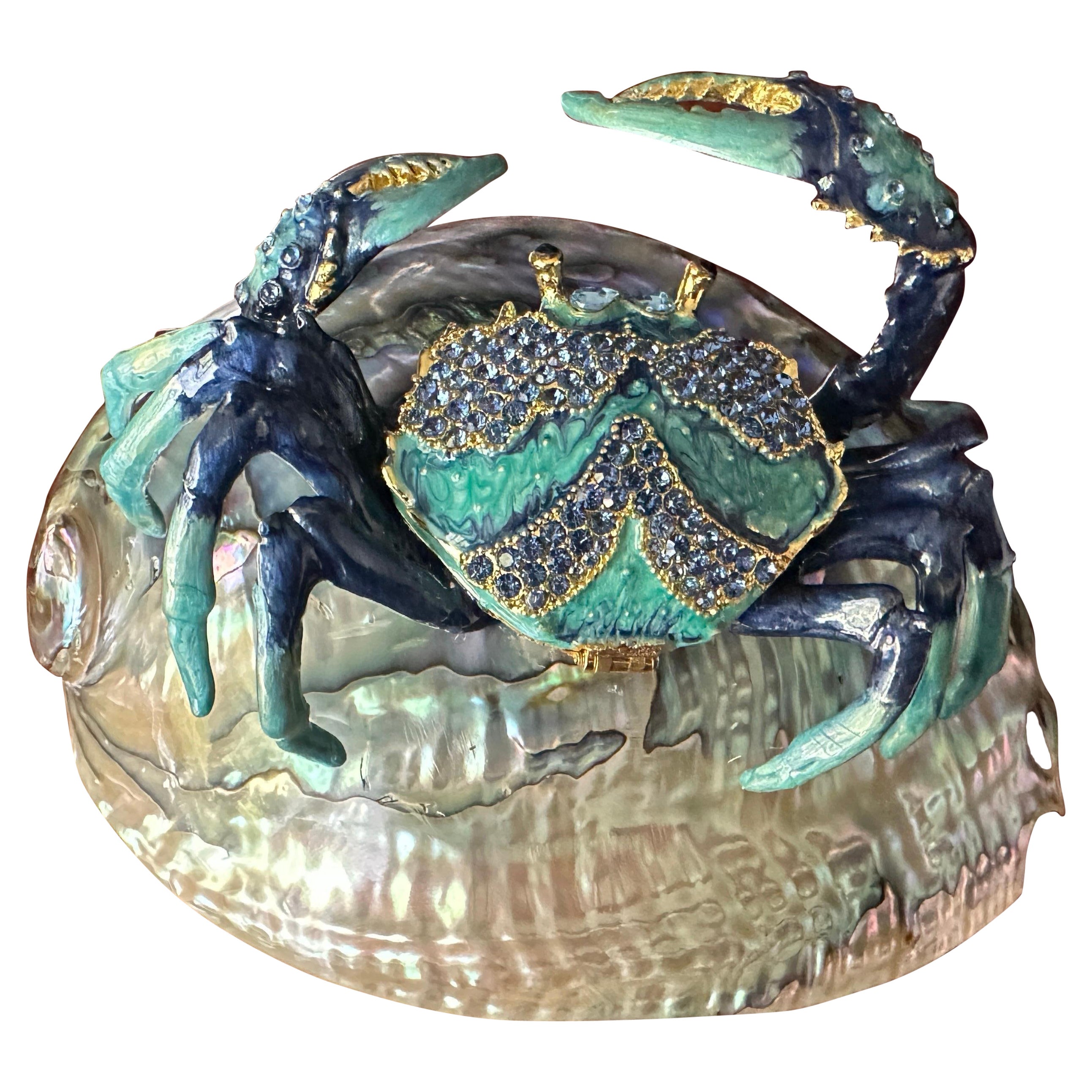 Enameled Crab Sculpture with Rhinestones on Abalone Shell