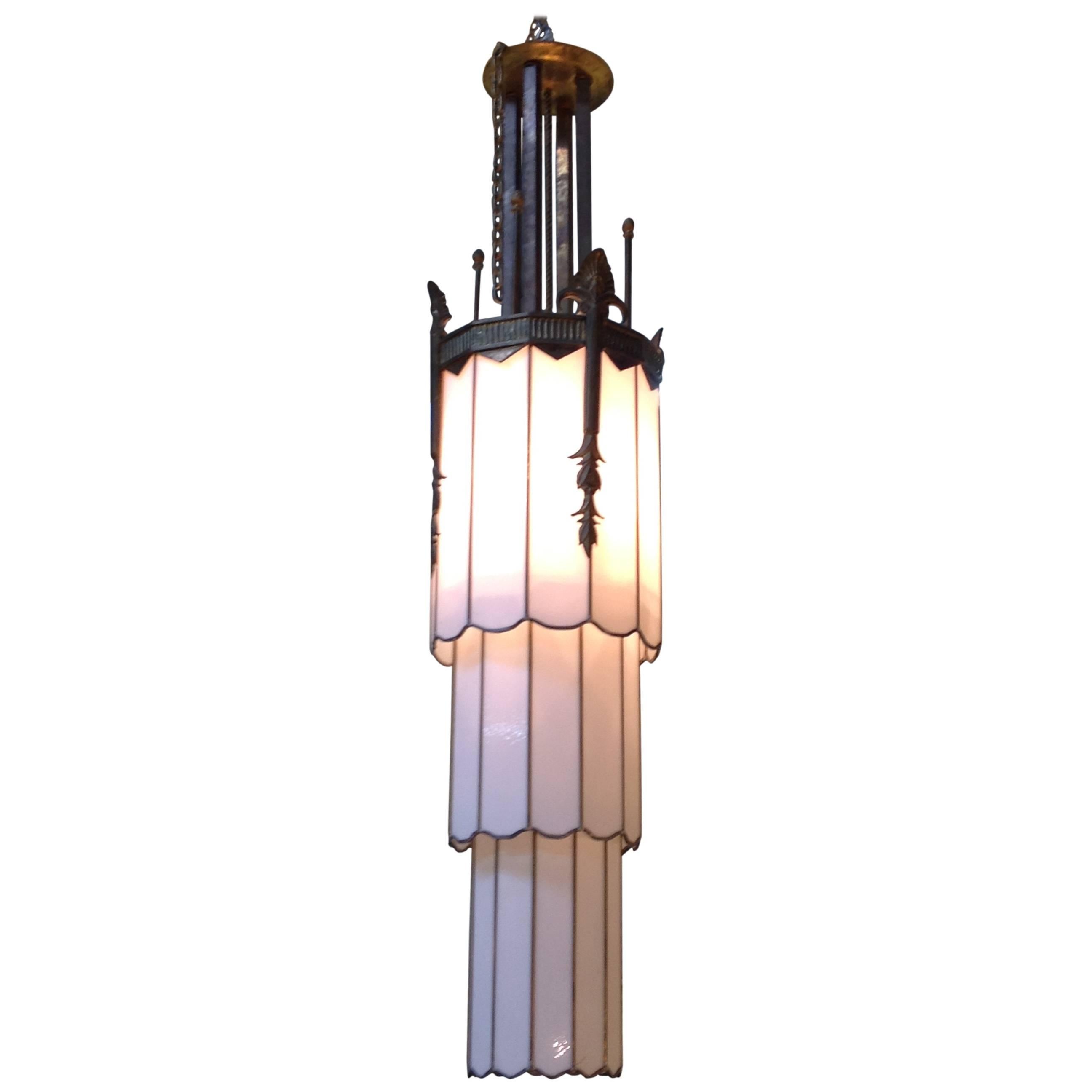 Art Deco White Stained Glass and Brass Chandelier For Sale