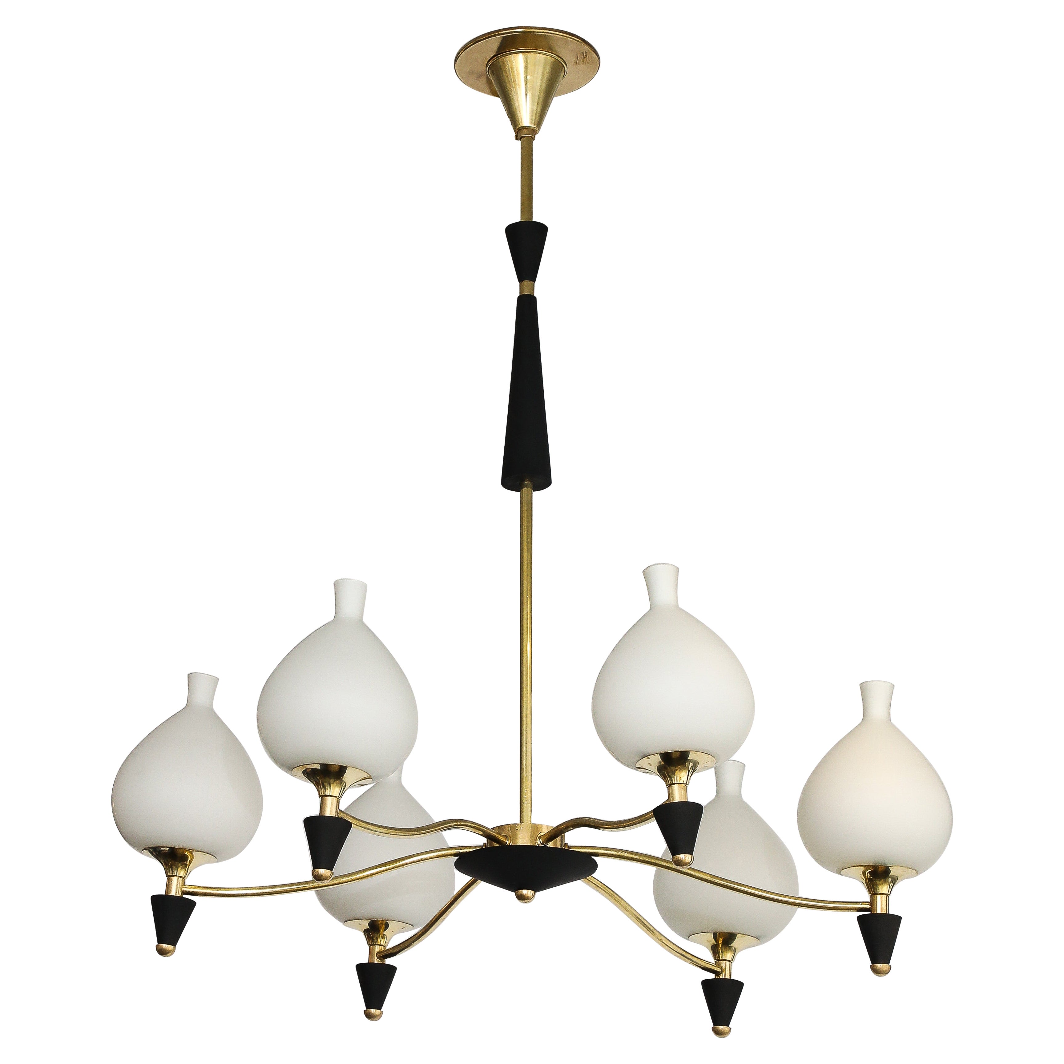 1950's Stilnovo Style Brass And Opaline Glass Italian Chandelier