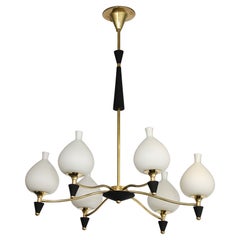 1950's Stilnovo Style Brass And Opaline Glass Italian Chandelier