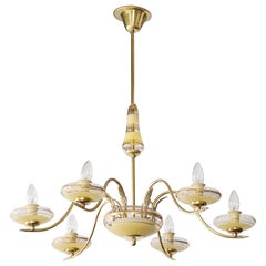 1940's Italian Glass And Brass 6 Arm Chandelier