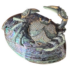 Jeweled Enameled Crab Paperweight on Abalone Shell