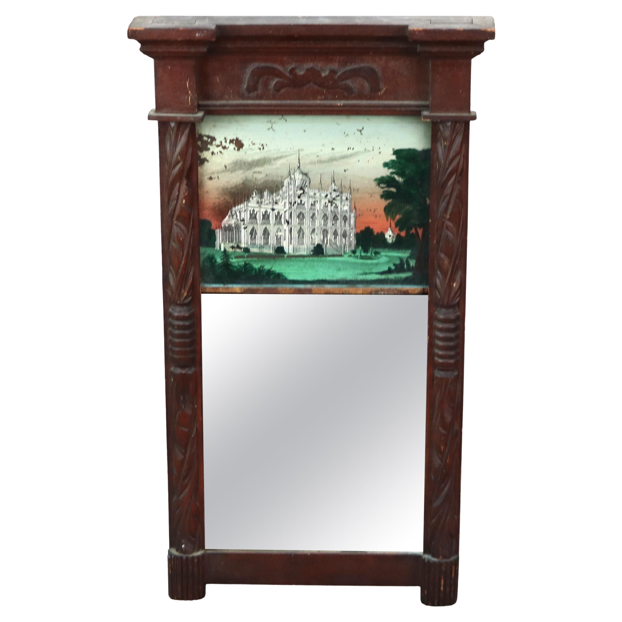 Antique Federal Mirror with Hand Painted Eglomise Panel with Palace Scene C1850