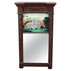 Antike Federal Mirror mit handgemalten Eglomise Panel mit Palast Szene C1850