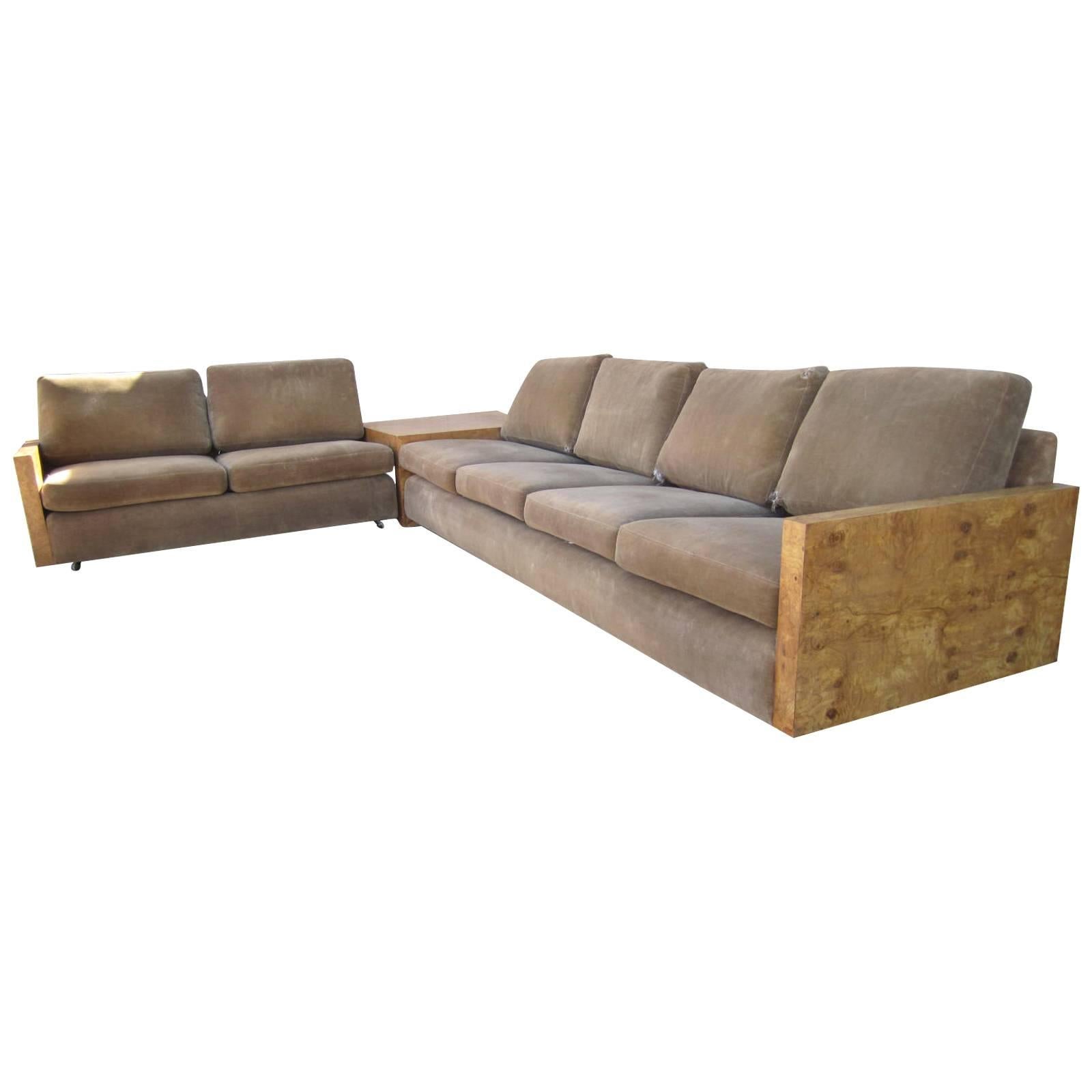 Gorgeous Milo Baughman Three-Piece Burled Olivewood Sofa Sectional