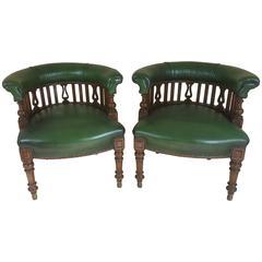Superb Pair of Leather Upholstered Victorian Walnut Club Chairs