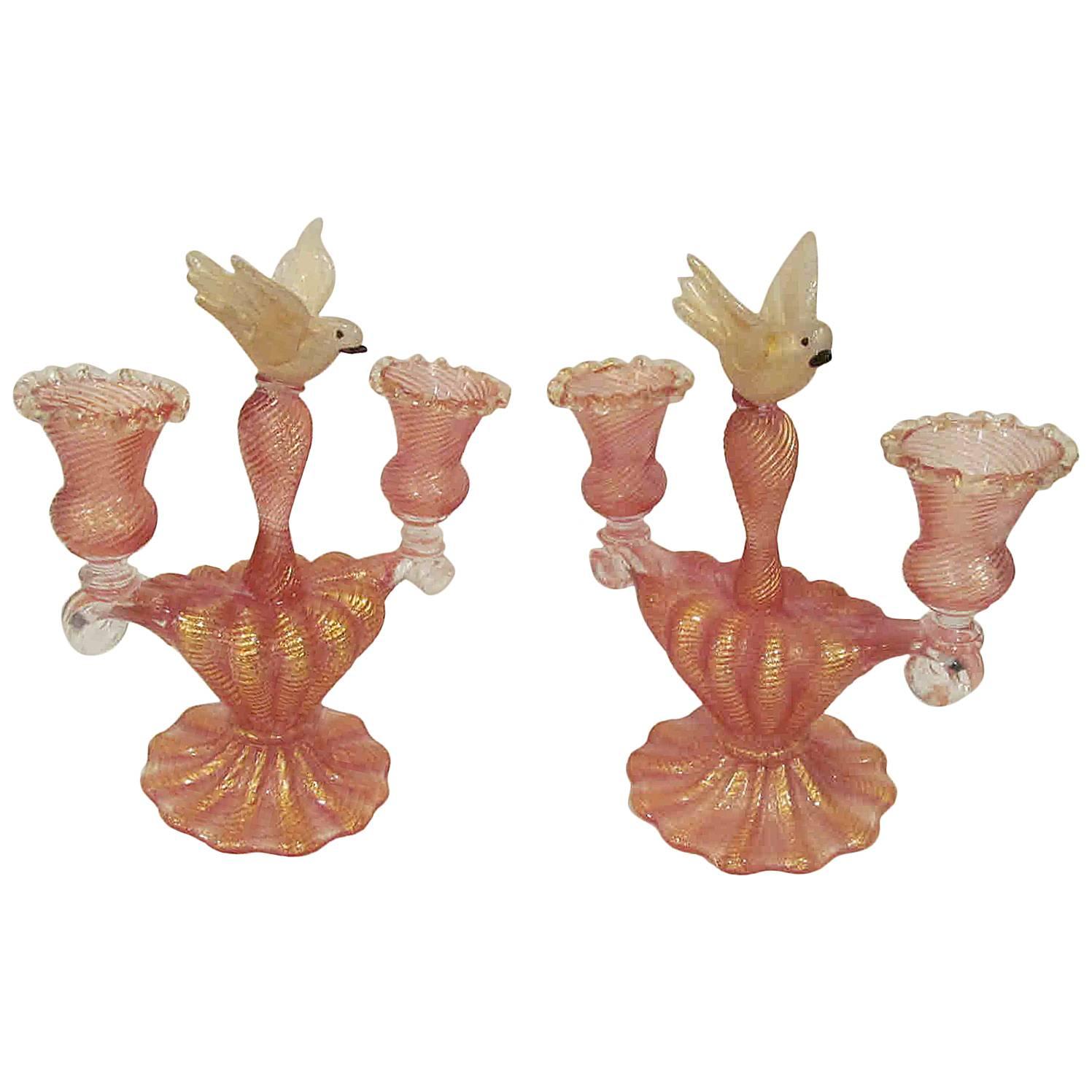 Rare Pair of Barovier and Toso Murano Double Candlesticks with Attached Birds For Sale