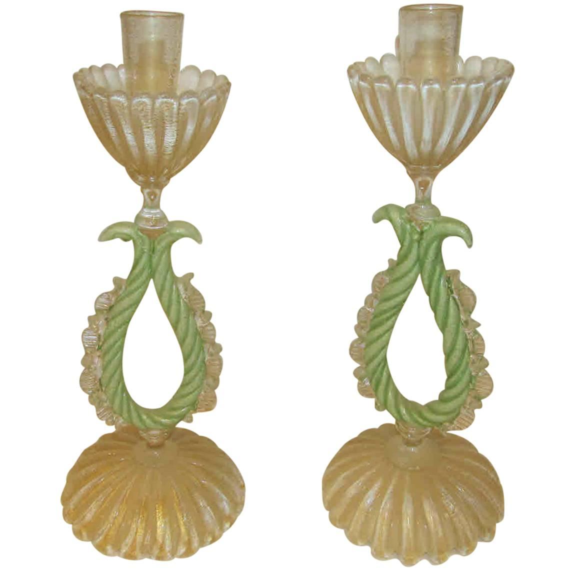 Beautiful Pair of 1950s Murano Candlesticks, circa 1950s For Sale