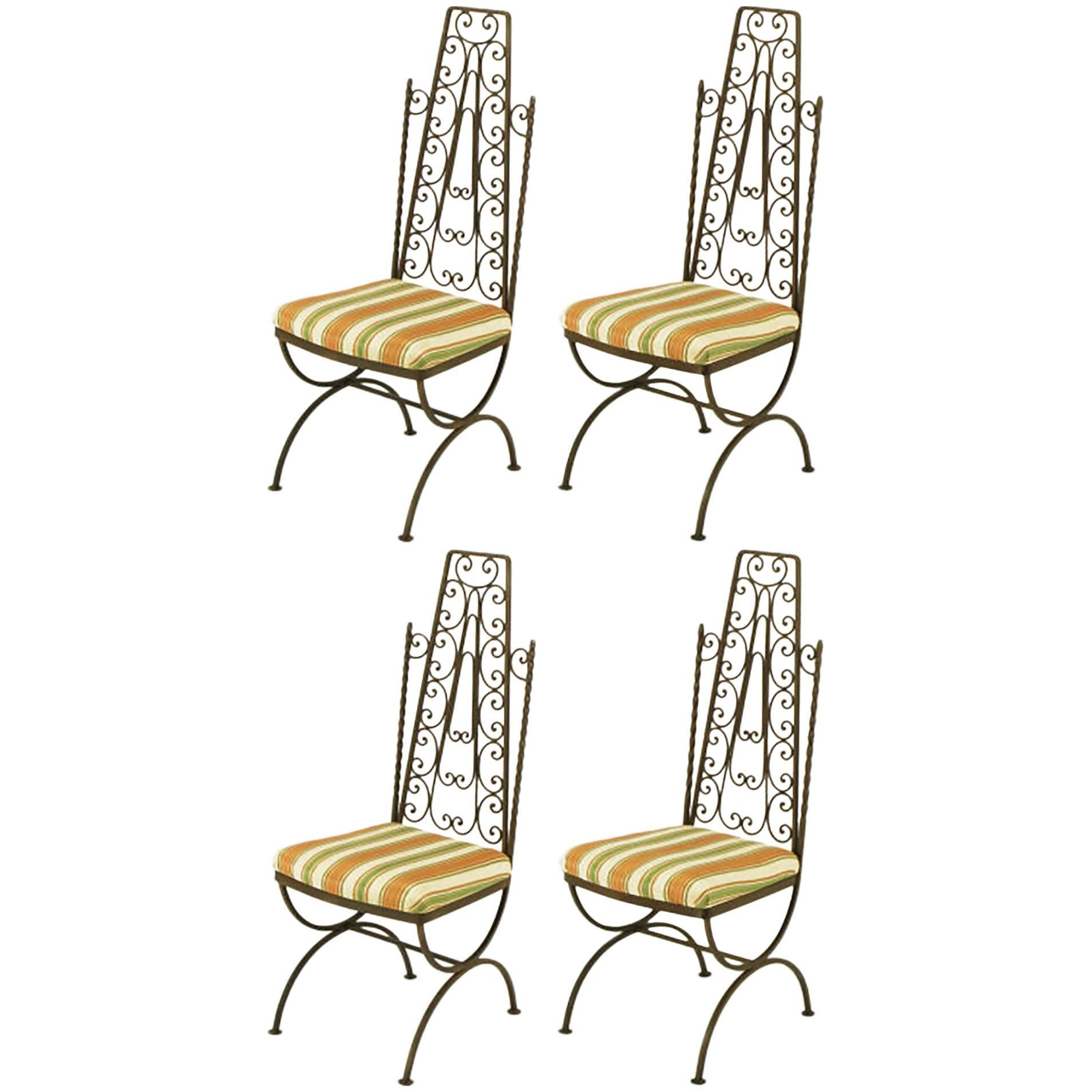Four Spanish Revival Wrought Iron Filigree Dining Chairs