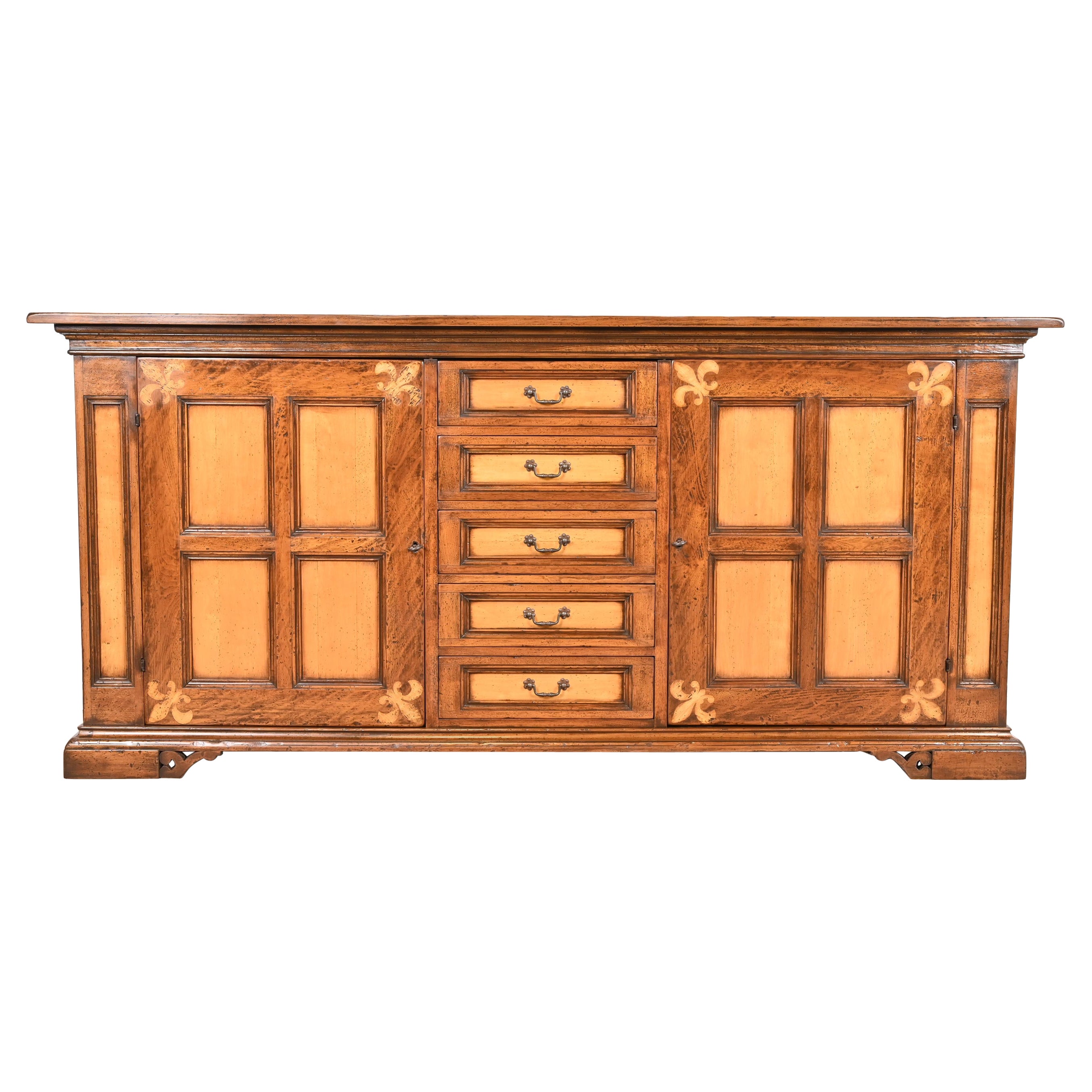 Gruppo Faber - Buffet ou meuble de bar en chêne sculpté et incrusté d'érable de style provincial italien en vente